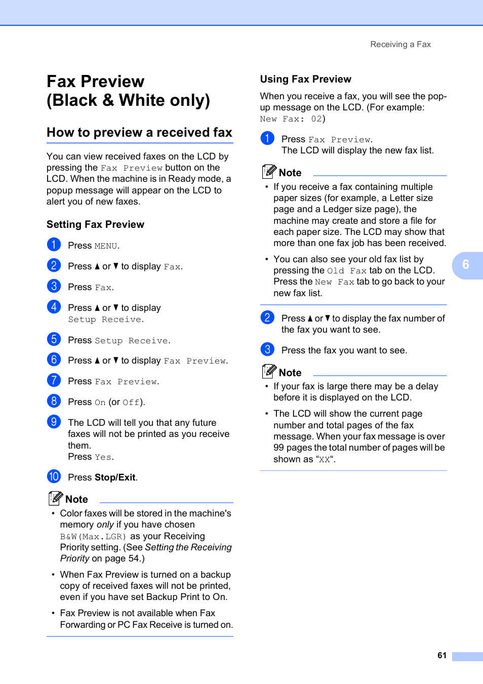 Fax preview (black & white only), How to preview a received fax, Setting fax preview | Using fax preview | Brother MFC 6890CDW User Manual | Page 77 / 248