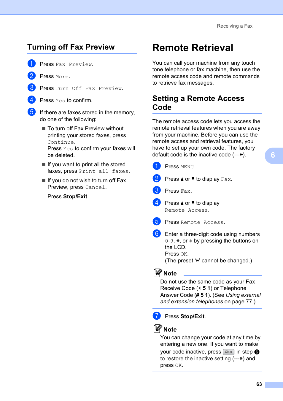 Turning off fax preview, Remote retrieval, Setting a remote access code | 6turning off fax preview | Brother MFC 6890CDW User Manual | Page 79 / 248