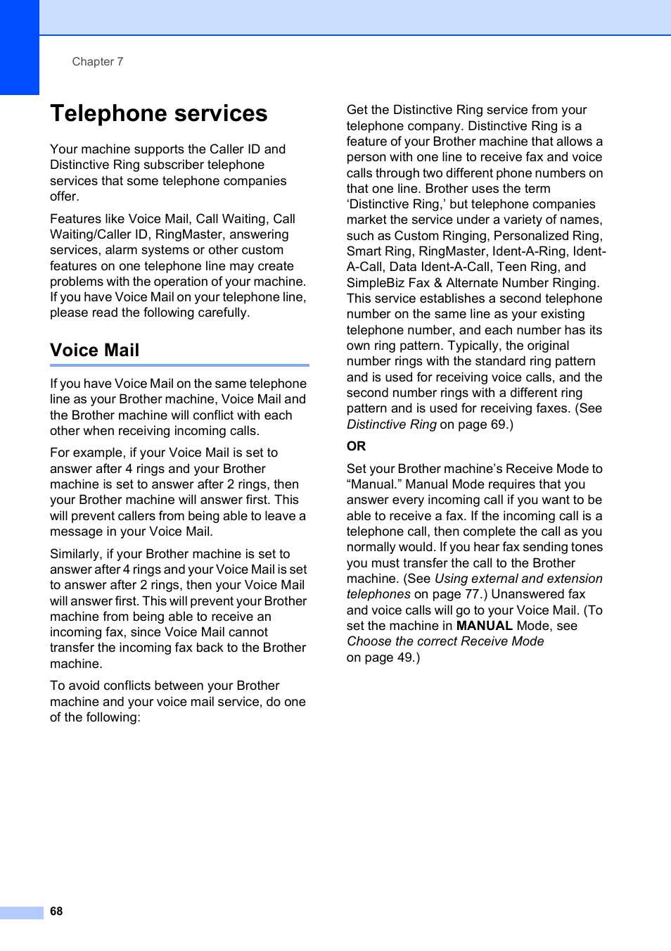 Telephone services, Voice mail | Brother MFC 6890CDW User Manual | Page 84 / 248