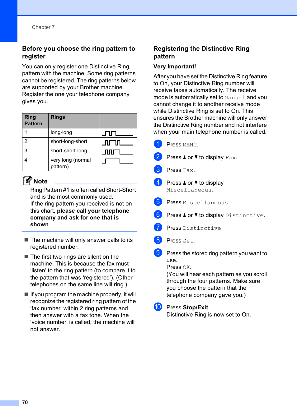 Before you choose the ring pattern to register, Registering the distinctive ring pattern | Brother MFC 6890CDW User Manual | Page 86 / 248