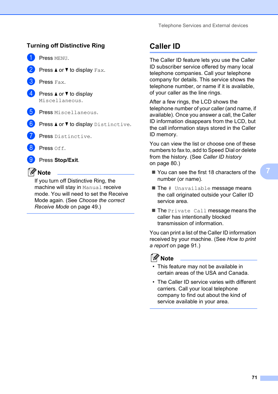 Turning off distinctive ring, Caller id | Brother MFC 6890CDW User Manual | Page 87 / 248