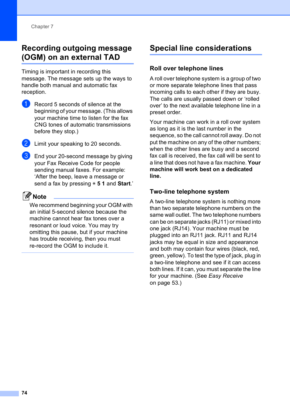 Special line considerations, Roll over telephone lines, Two-line telephone system | Brother MFC 6890CDW User Manual | Page 90 / 248