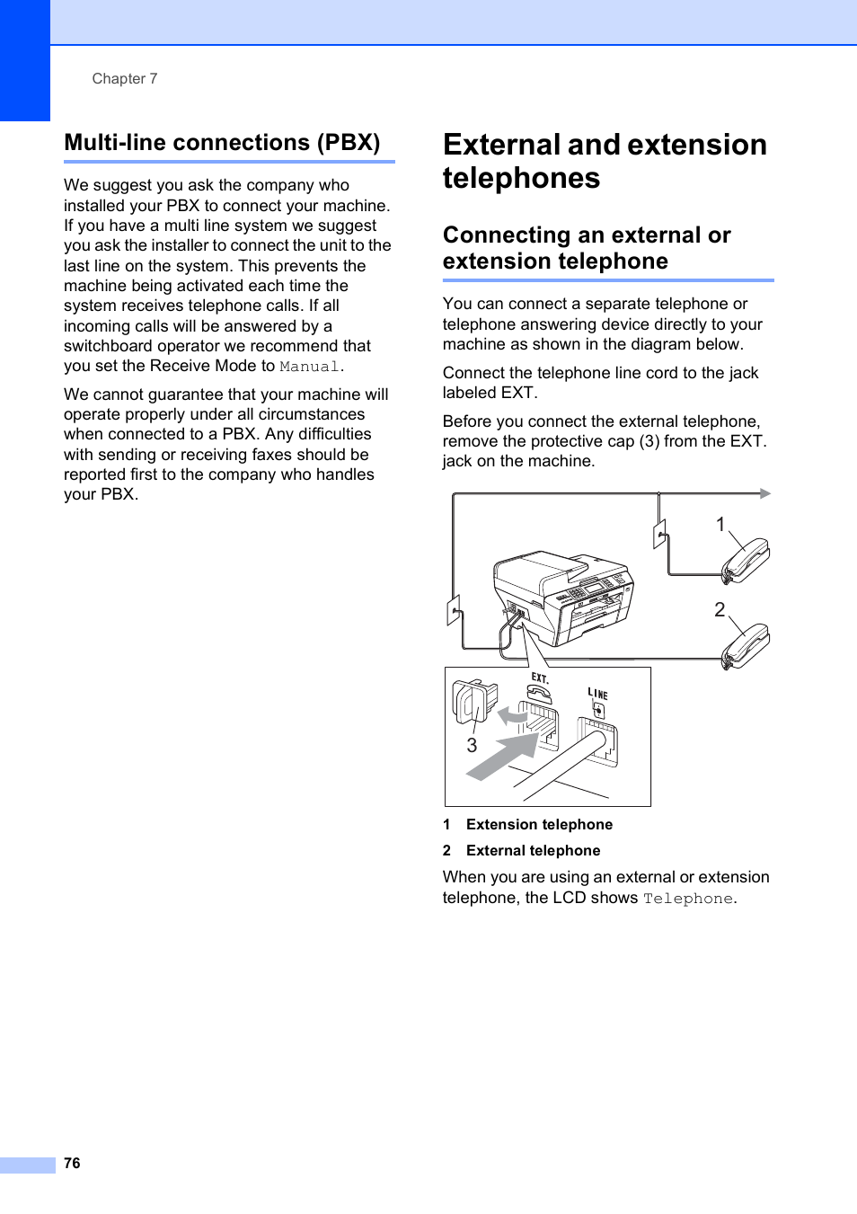Multi-line connections (pbx), External and extension telephones, Connecting an external or extension telephone | Brother MFC 6890CDW User Manual | Page 92 / 248
