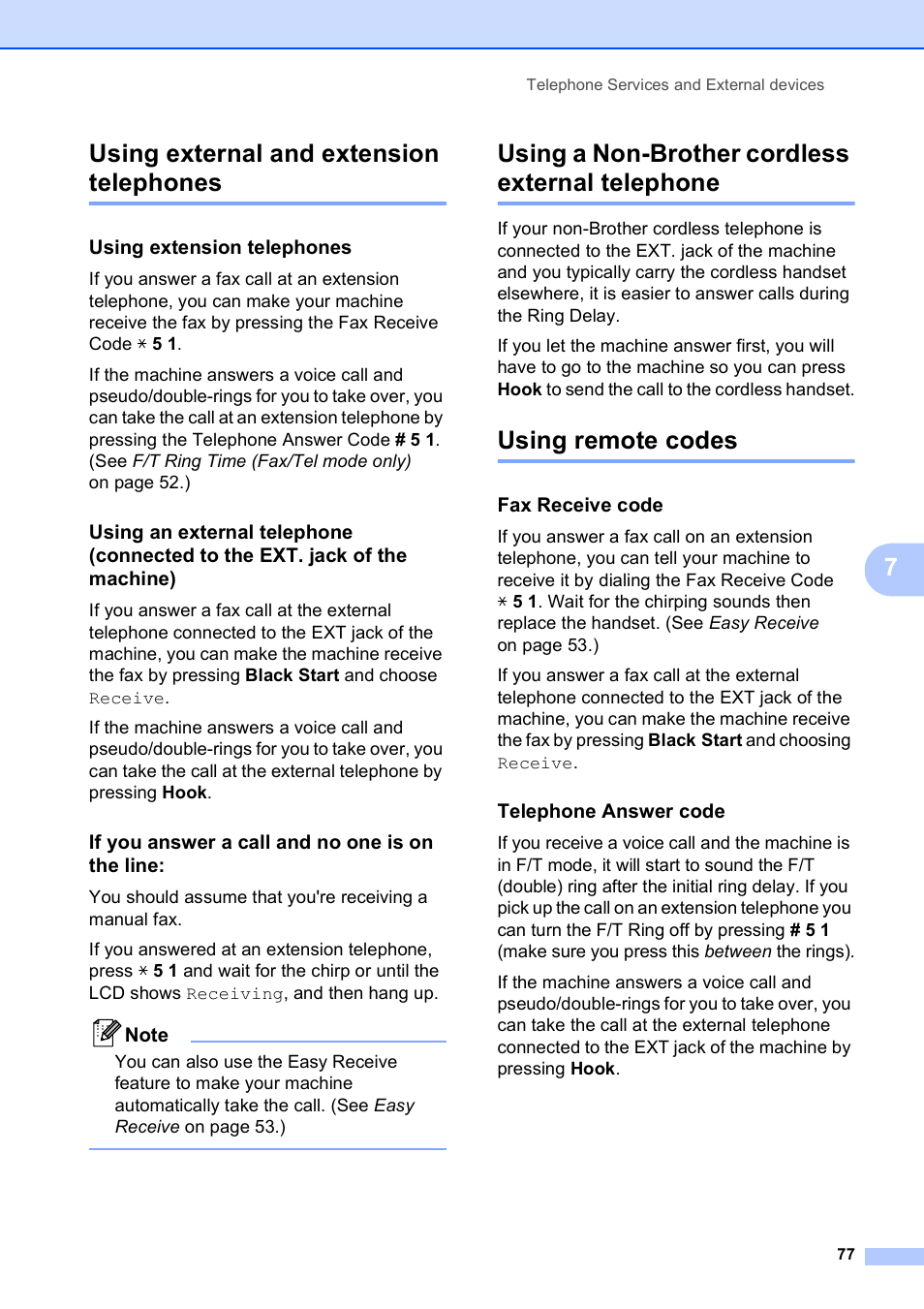 Using external and extension telephones, Using extension telephones, If you answer a call and no one is on the line | Using a non-brother cordless external telephone, Using remote codes, Fax receive code, Telephone answer code, 7using external and extension telephones | Brother MFC 6890CDW User Manual | Page 93 / 248