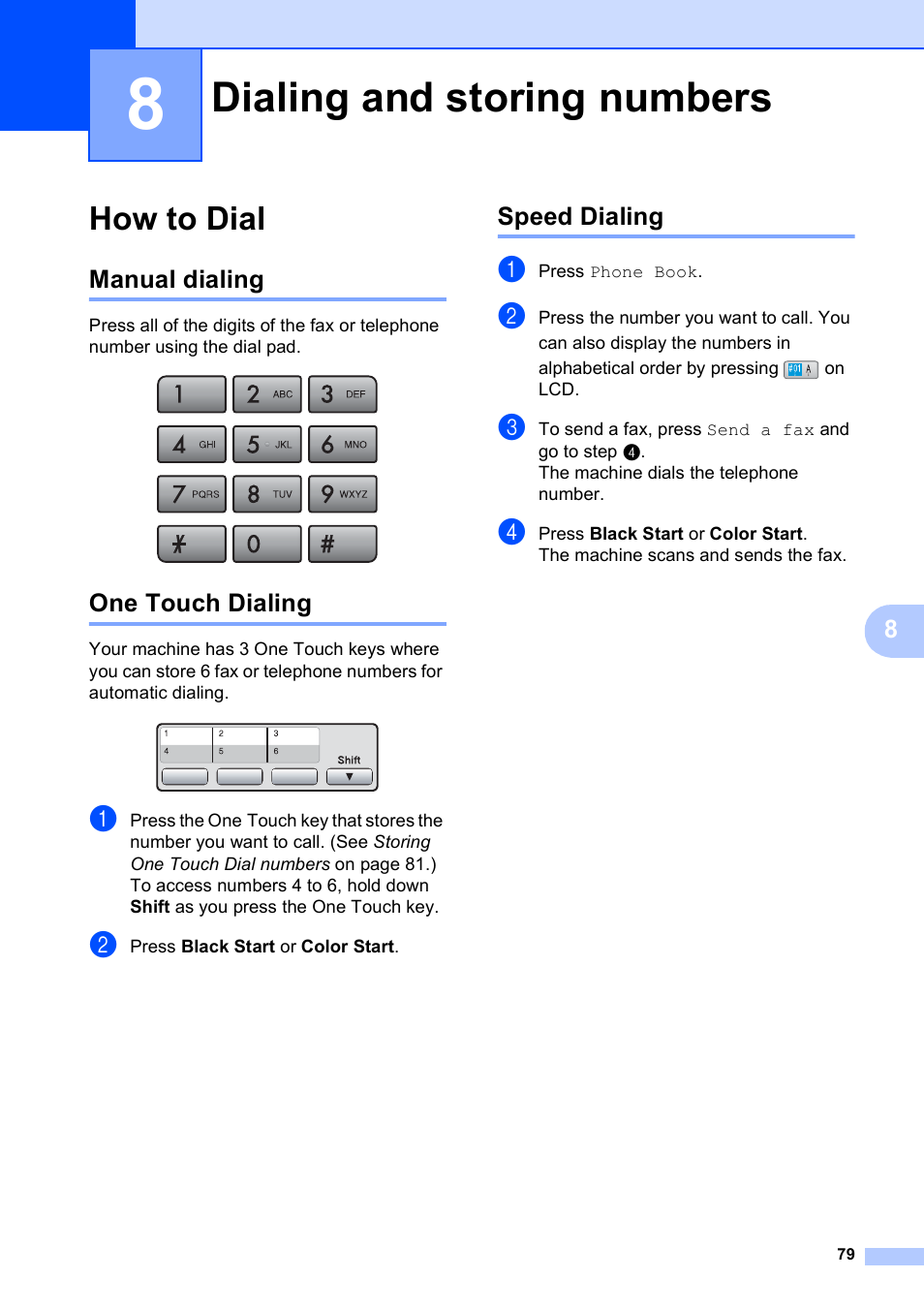 8 dialing and storing numbers, How to dial, Manual dialing | One touch dialing, Speed dialing, Dialing and storing numbers, Manual dialing one touch dialing speed dialing | Brother MFC 6890CDW User Manual | Page 95 / 248