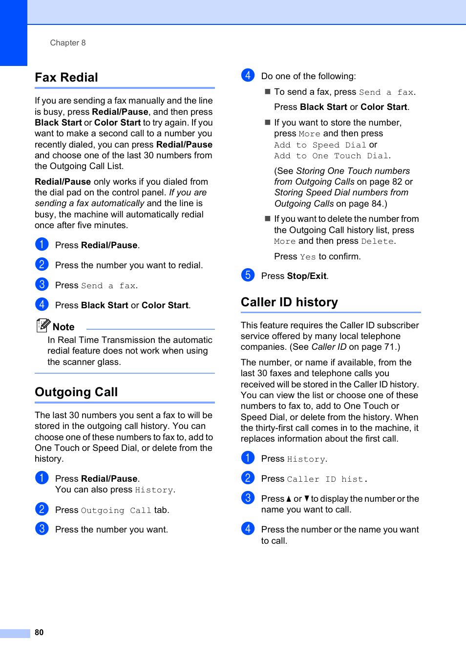 Fax redial, Outgoing call, Caller id history | Fax redial outgoing call caller id history | Brother MFC 6890CDW User Manual | Page 96 / 248
