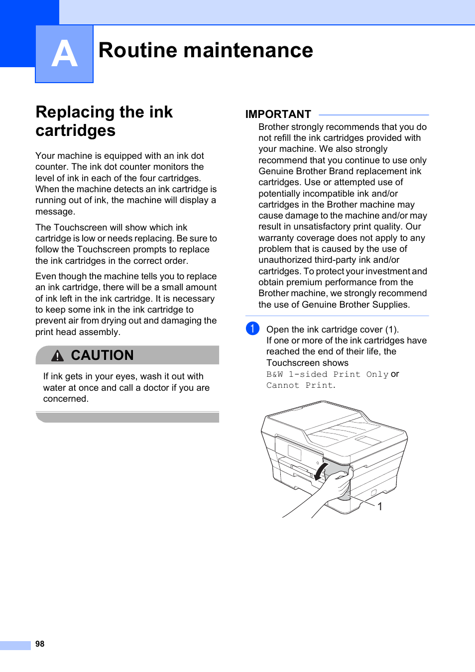 A routine maintenance, Replacing the ink cartridges, Routine maintenance | Caution | Brother MFC-J6920DW User Manual | Page 112 / 223