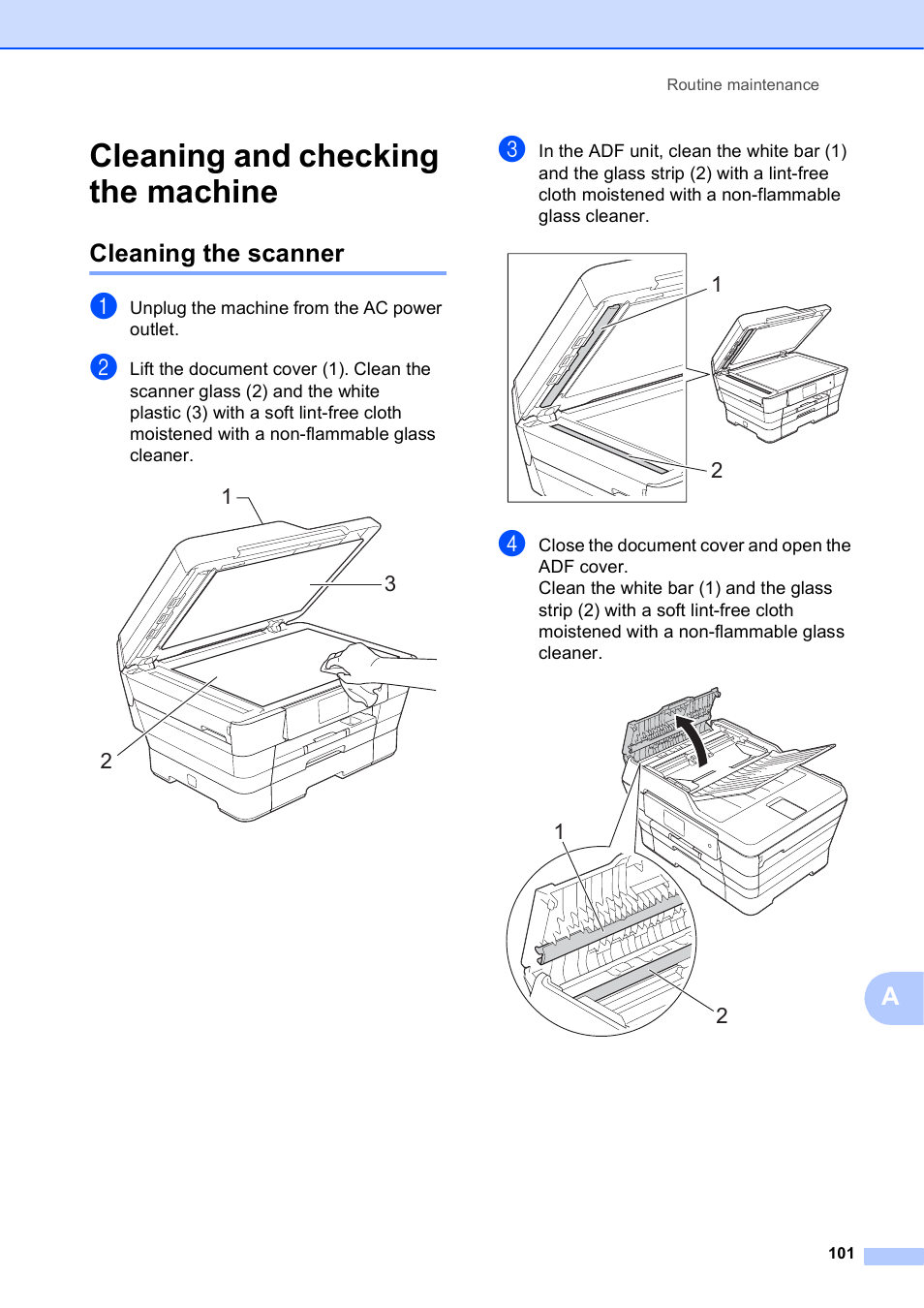 Cleaning and checking the machine, Cleaning the scanner | Brother MFC-J6920DW User Manual | Page 115 / 223