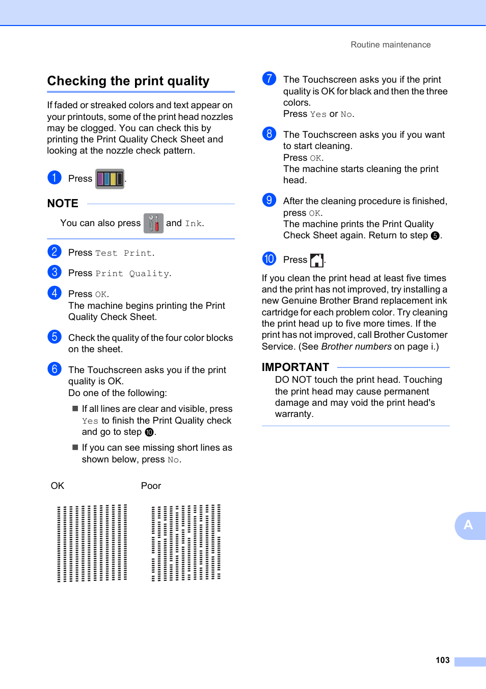 Checking the print quality, Achecking the print quality | Brother MFC-J6920DW User Manual | Page 117 / 223