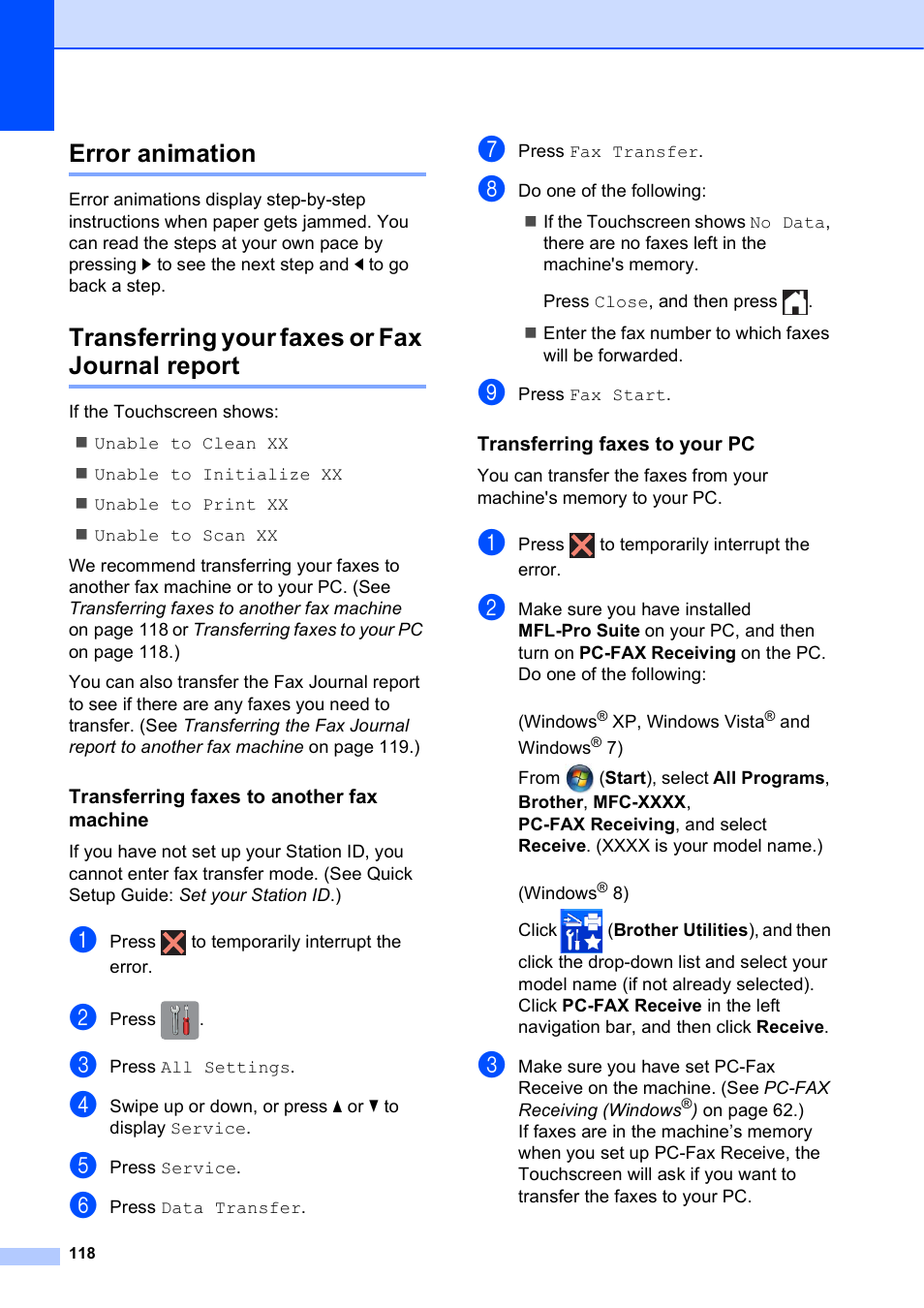 Error animation, Transferring your faxes or fax journal report, Transferring faxes to another fax machine | Transferring faxes to your pc | Brother MFC-J6920DW User Manual | Page 132 / 223
