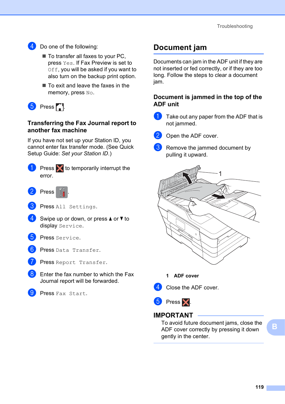 Document jam, Document is jammed in the top of the adf unit | Brother MFC-J6920DW User Manual | Page 133 / 223