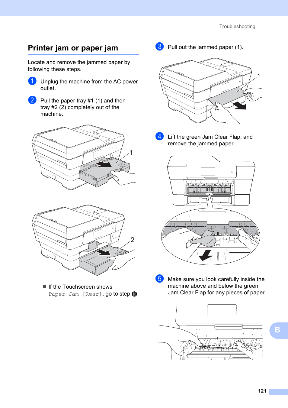 Printer jam or paper jam, Bprinter jam or paper jam | Brother MFC-J6920DW User Manual | Page 135 / 223