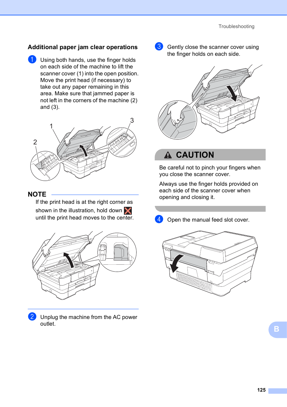 Additional paper jam clear operations, Caution | Brother MFC-J6920DW User Manual | Page 139 / 223