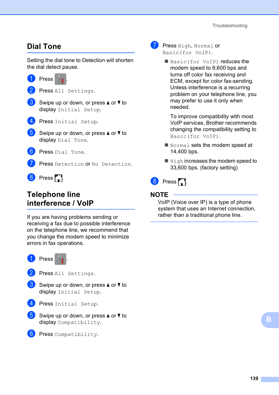 Dial tone, Telephone line interference / voip, Dial tone telephone line interference / voip | Bdial tone | Brother MFC-J6920DW User Manual | Page 153 / 223