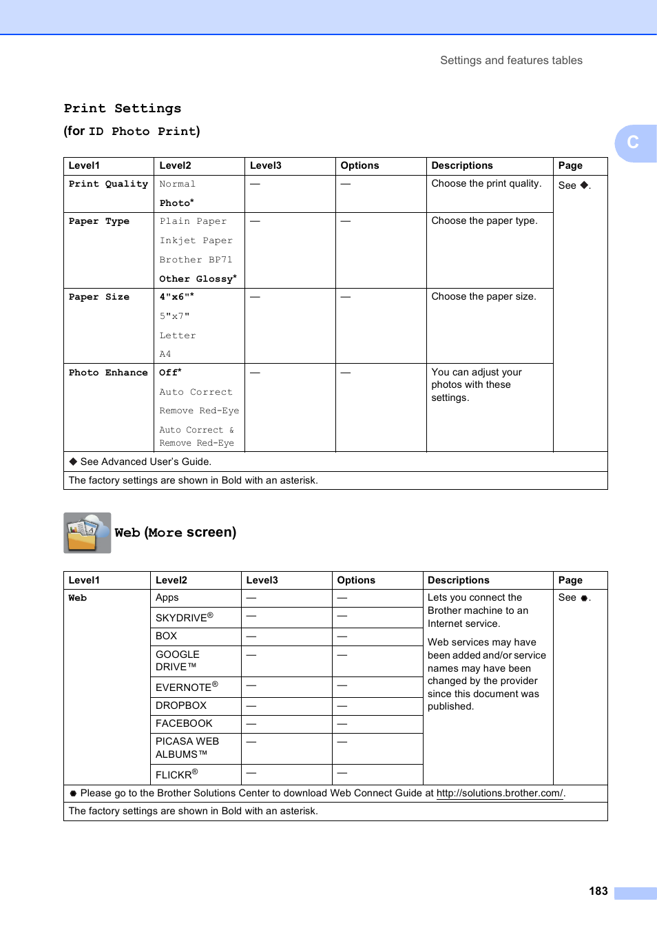 Print settings, Web (more screen), For id photo print) | Brother MFC-J6920DW User Manual | Page 197 / 223