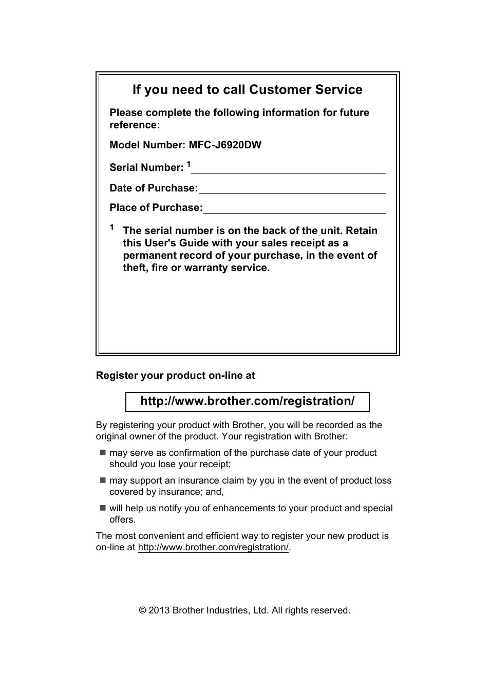 If you need to call customer service | Brother MFC-J6920DW User Manual | Page 2 / 223