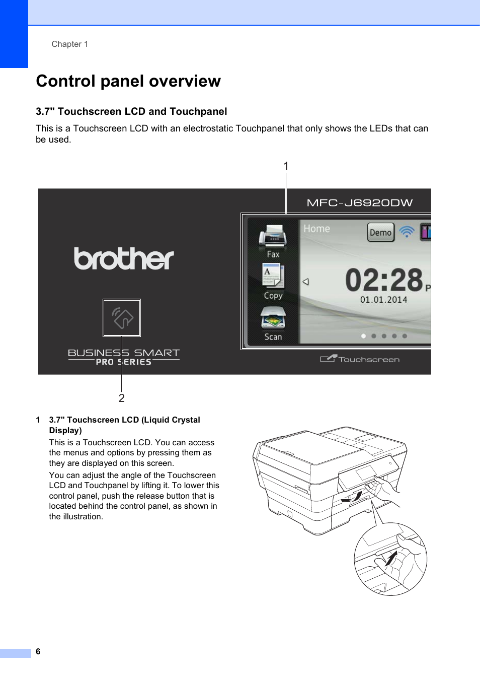 Control panel overview, 7" touchscreen lcd and touchpanel | Brother MFC-J6920DW User Manual | Page 20 / 223