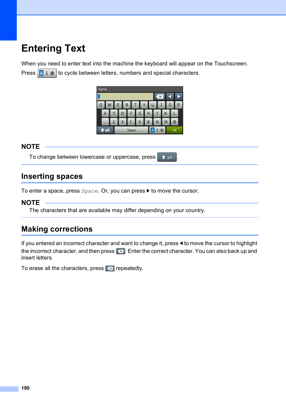 Entering text, Inserting spaces, Making corrections | Inserting spaces making corrections | Brother MFC-J6920DW User Manual | Page 204 / 223
