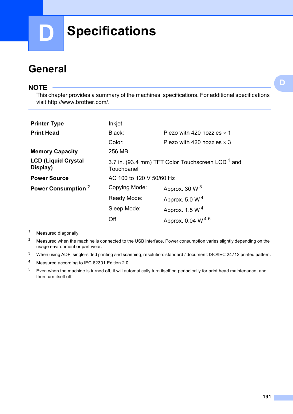 D specifications, General, Specifications | Brother MFC-J6920DW User Manual | Page 205 / 223