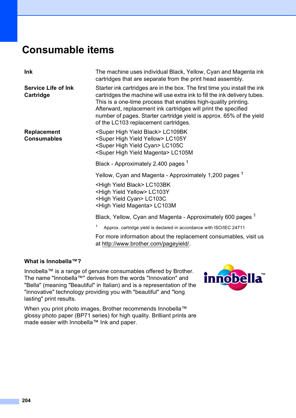 Consumable items | Brother MFC-J6920DW User Manual | Page 218 / 223