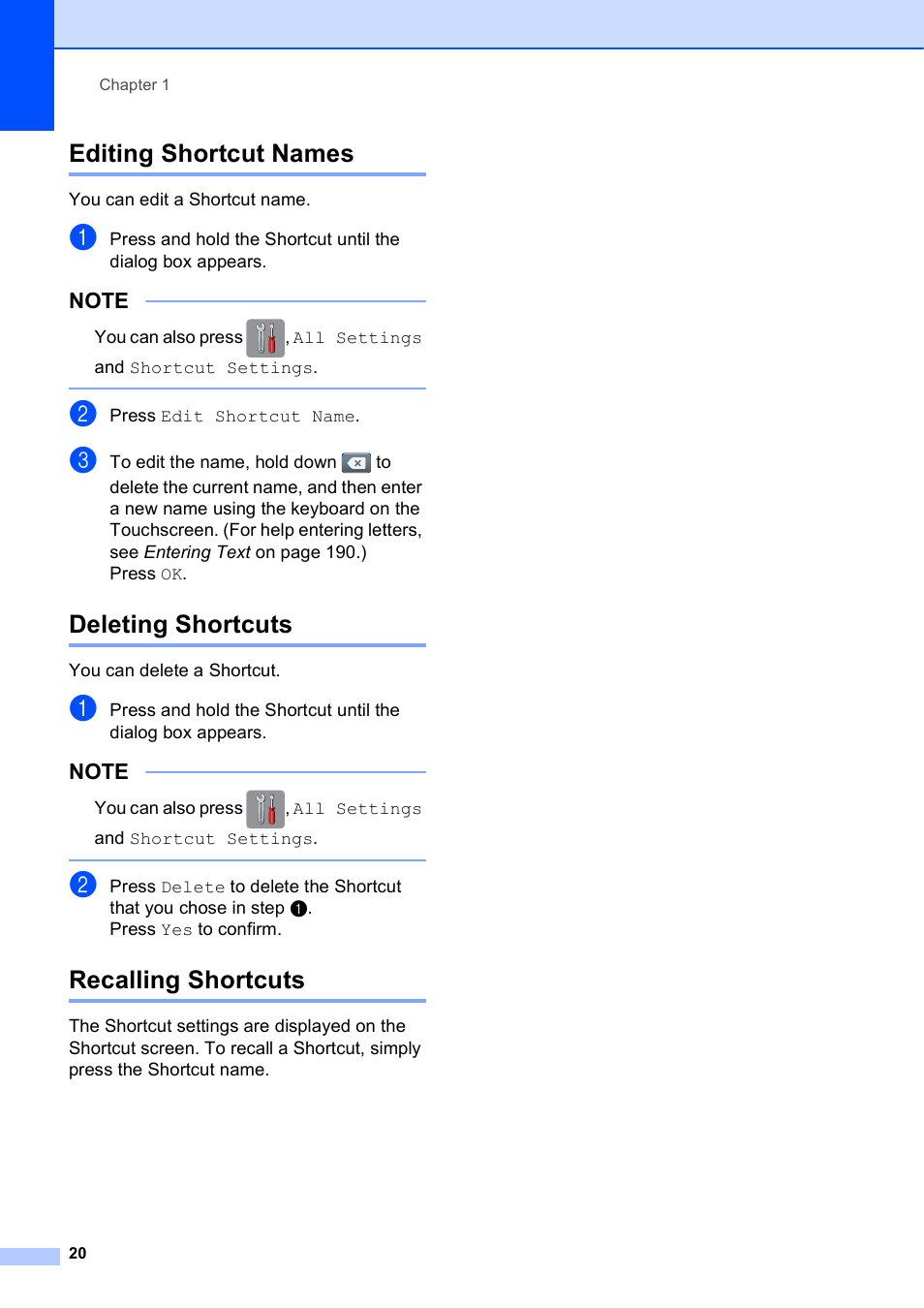Editing shortcut names, Deleting shortcuts, Recalling shortcuts | Brother MFC-J6920DW User Manual | Page 34 / 223