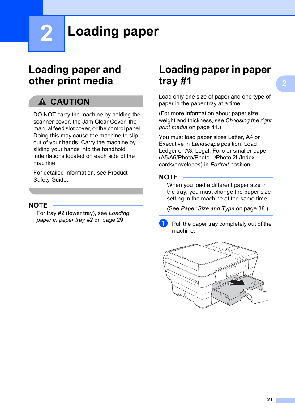 2 loading paper, Loading paper and other print media, Loading paper in paper tray #1 | Loading paper, Caution | Brother MFC-J6920DW User Manual | Page 35 / 223