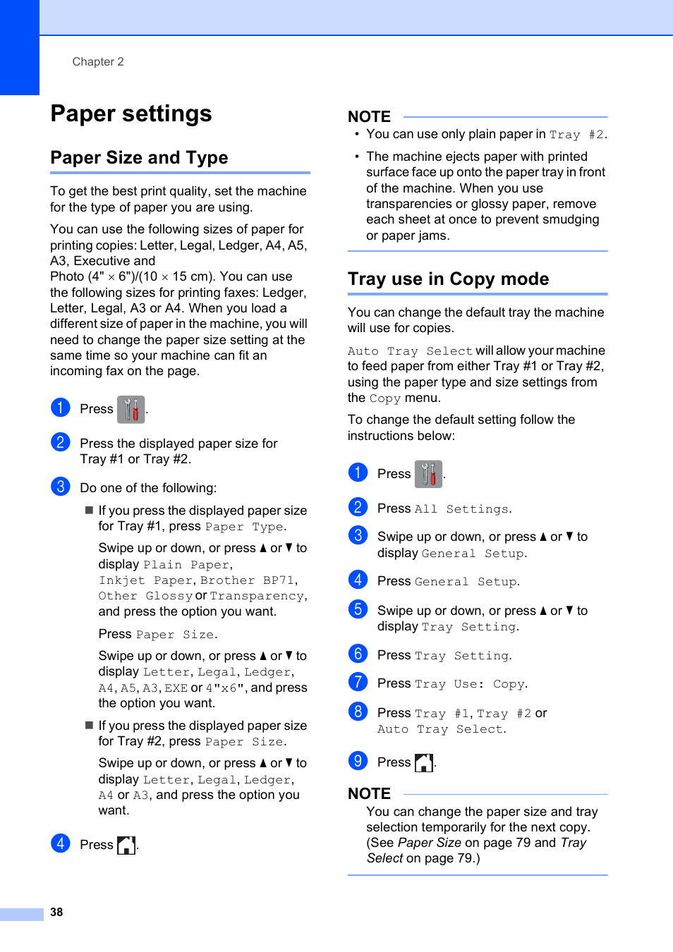 Paper settings, Paper size and type, Tray use in copy mode | Paper size and type tray use in copy mode | Brother MFC-J6920DW User Manual | Page 52 / 223