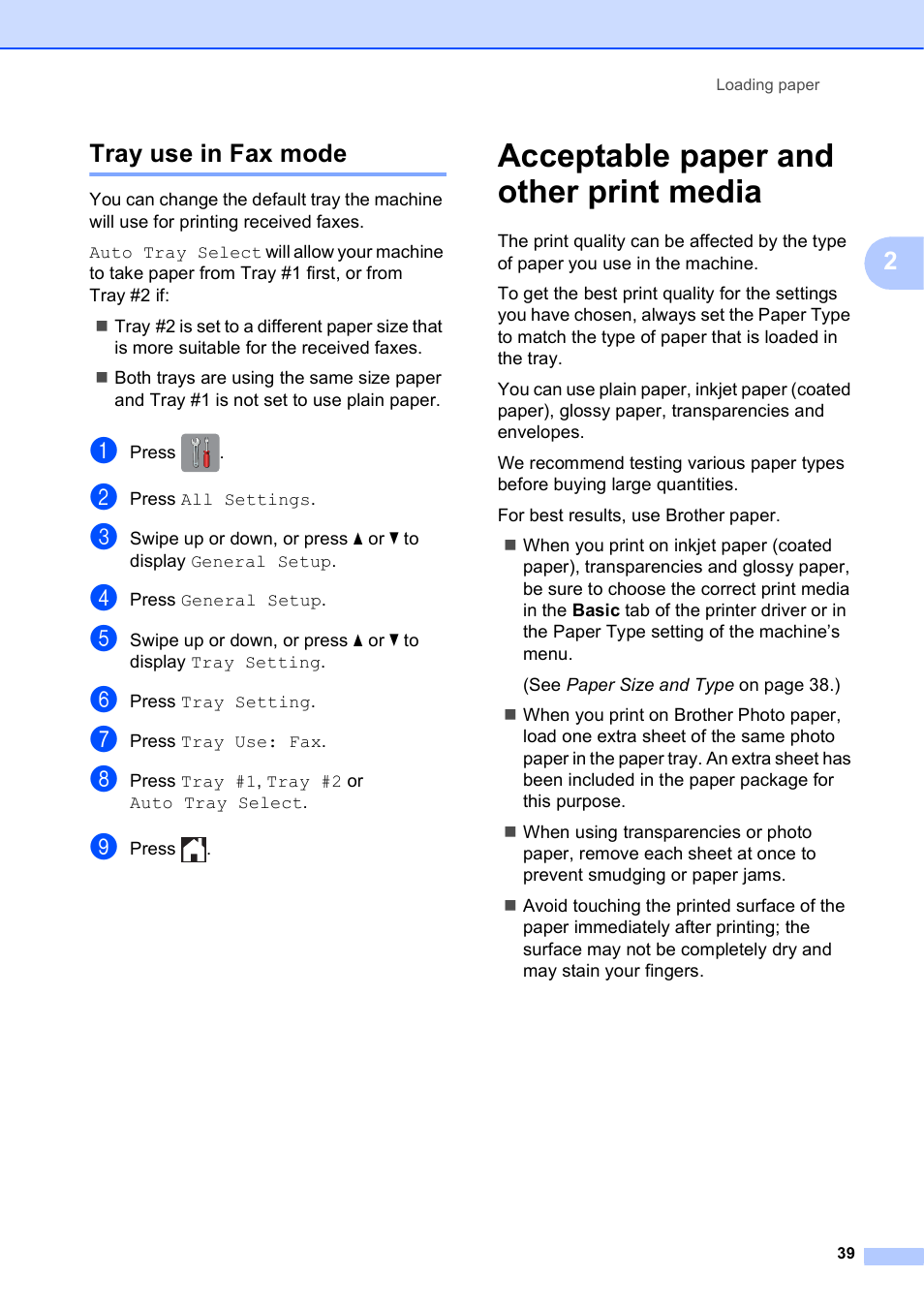 Tray use in fax mode, Acceptable paper and other print media, 2tray use in fax mode | Brother MFC-J6920DW User Manual | Page 53 / 223