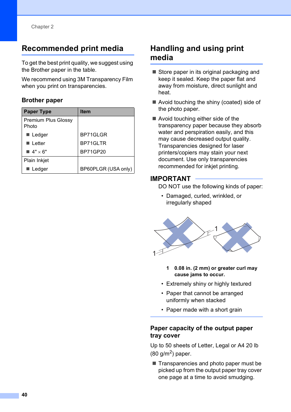 Recommended print media, Handling and using print media, Paper capacity of the output paper tray cover | Important, Brother paper | Brother MFC-J6920DW User Manual | Page 54 / 223
