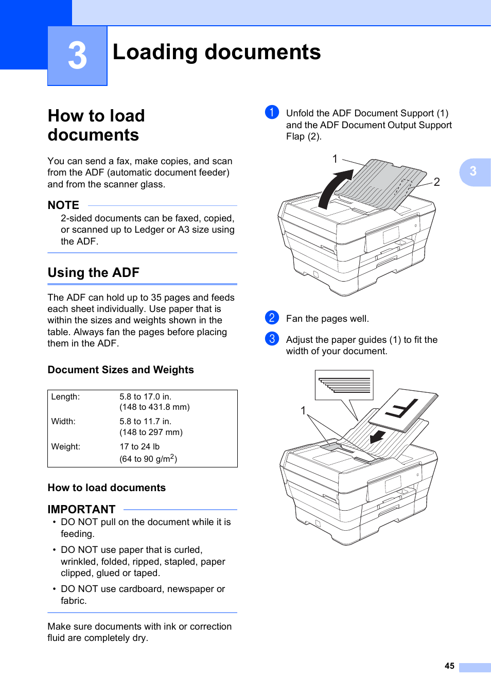 3 loading documents, How to load documents, Using the adf | Document sizes and weights, Loading documents, Important | Brother MFC-J6920DW User Manual | Page 59 / 223