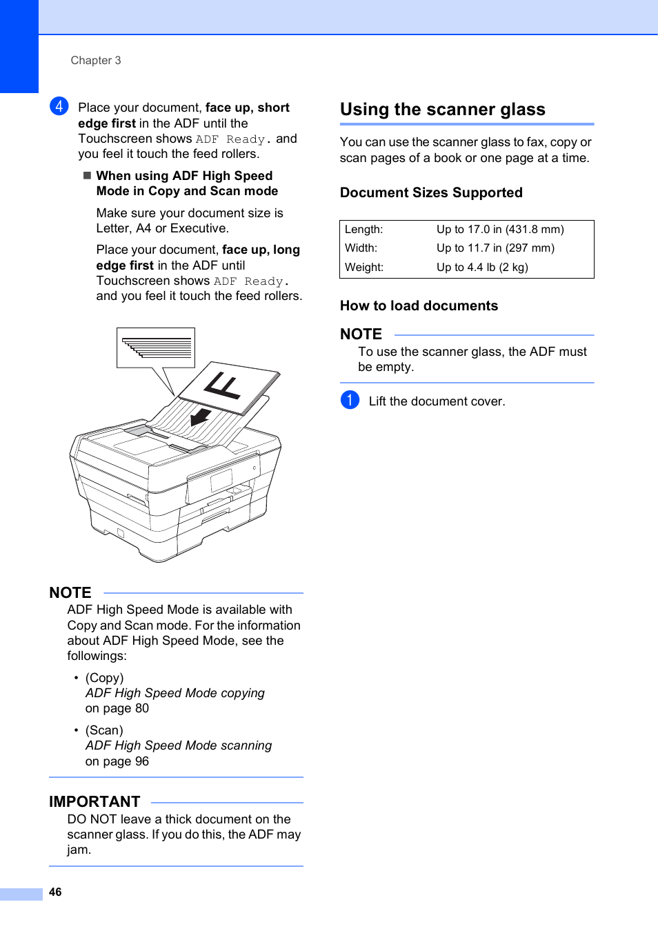 Using the scanner glass, Document sizes supported, How to load documents | Important | Brother MFC-J6920DW User Manual | Page 60 / 223