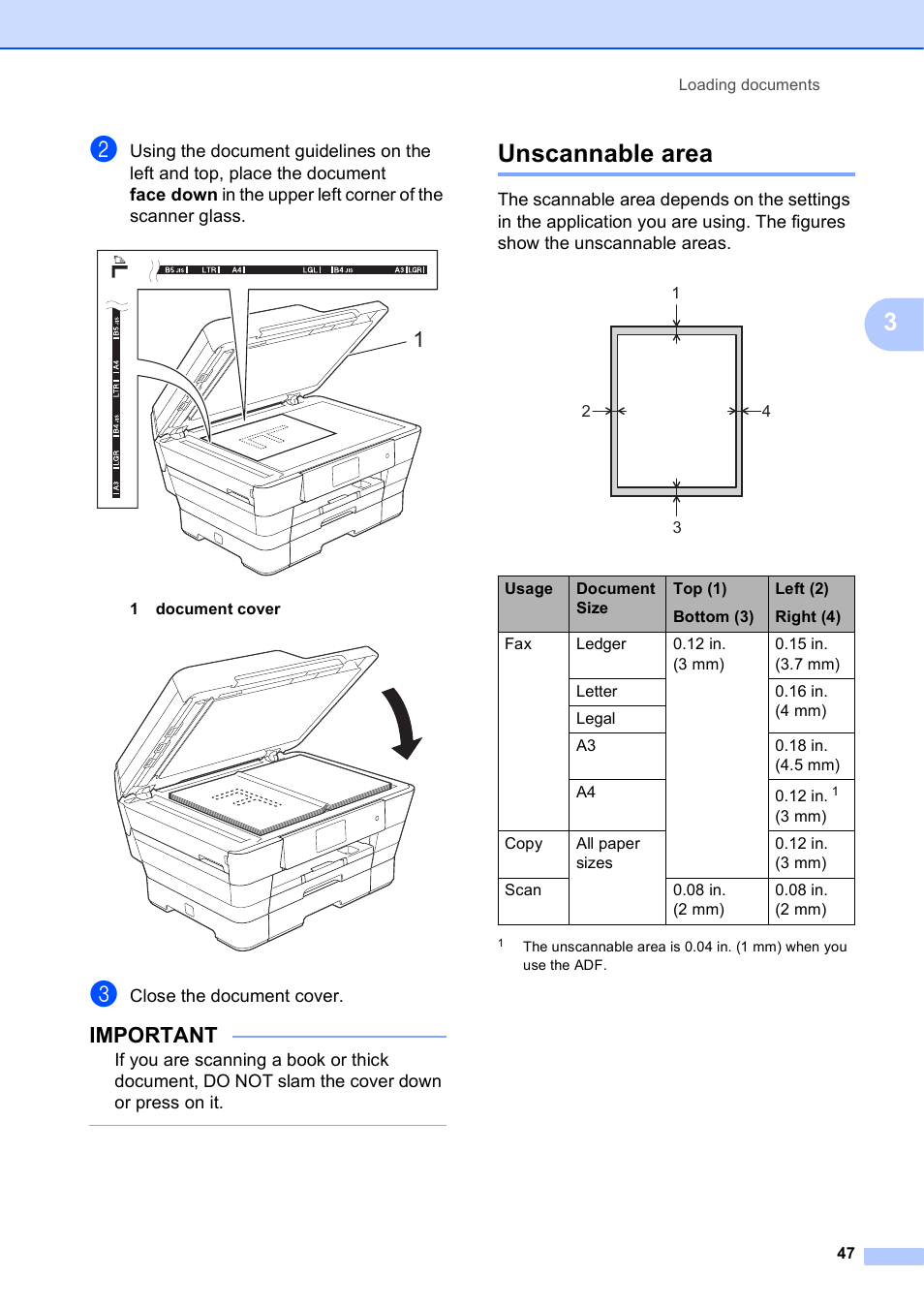 Unscannable area, Important | Brother MFC-J6920DW User Manual | Page 61 / 223