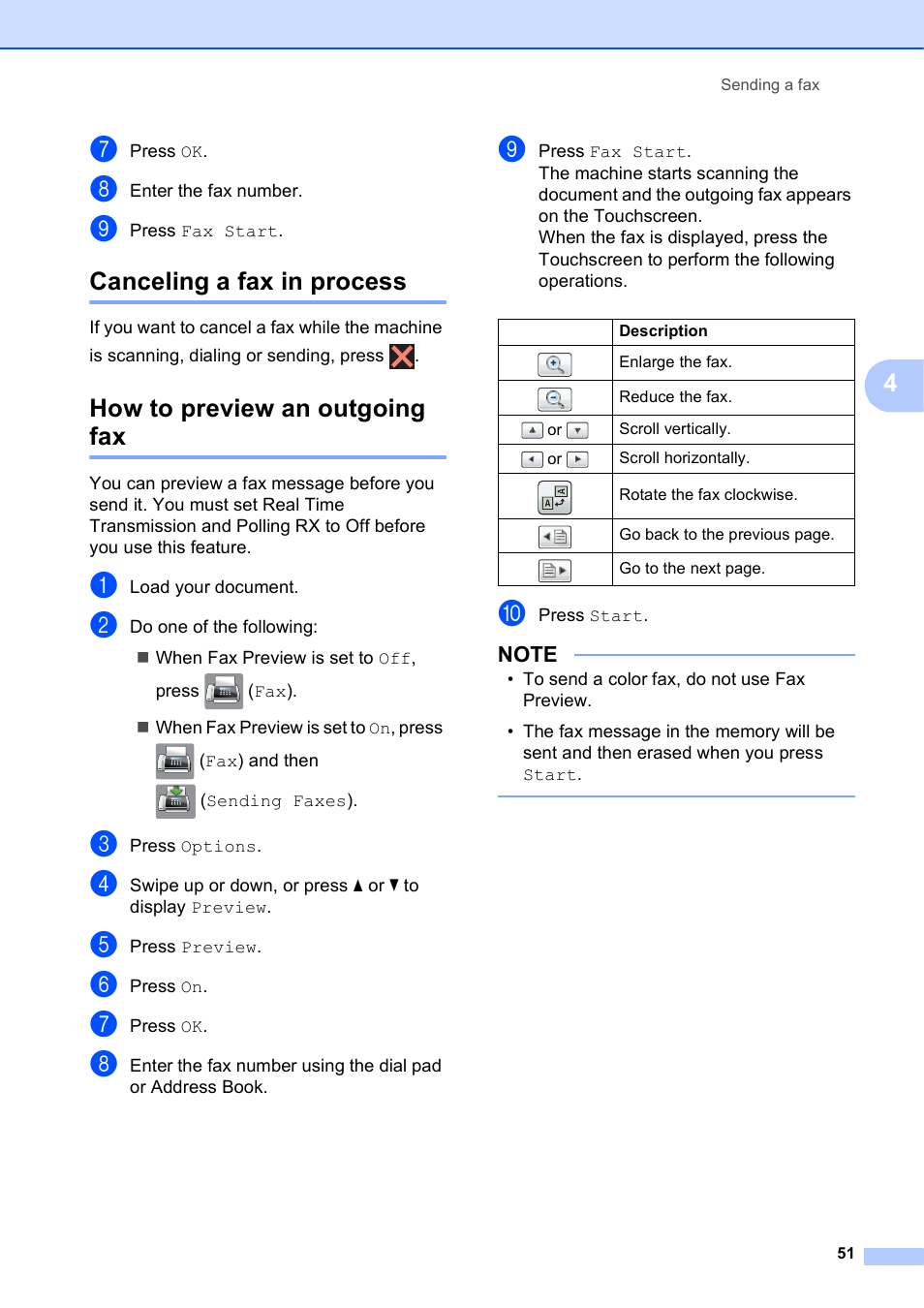 Canceling a fax in process, How to preview an outgoing fax | Brother MFC-J6920DW User Manual | Page 65 / 223