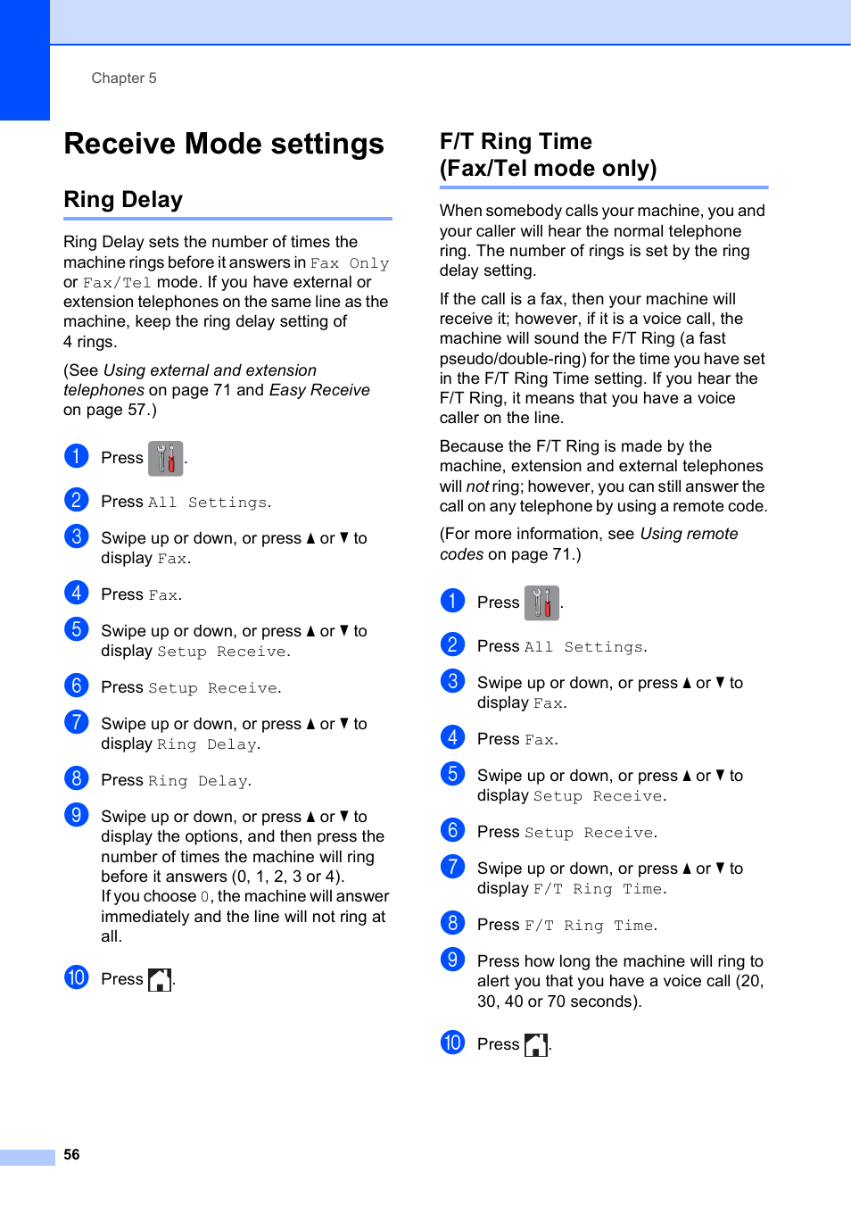 Receive mode settings, Ring delay, F/t ring time (fax/tel mode only) | Ring delay f/t ring time (fax/tel mode only) | Brother MFC-J6920DW User Manual | Page 70 / 223