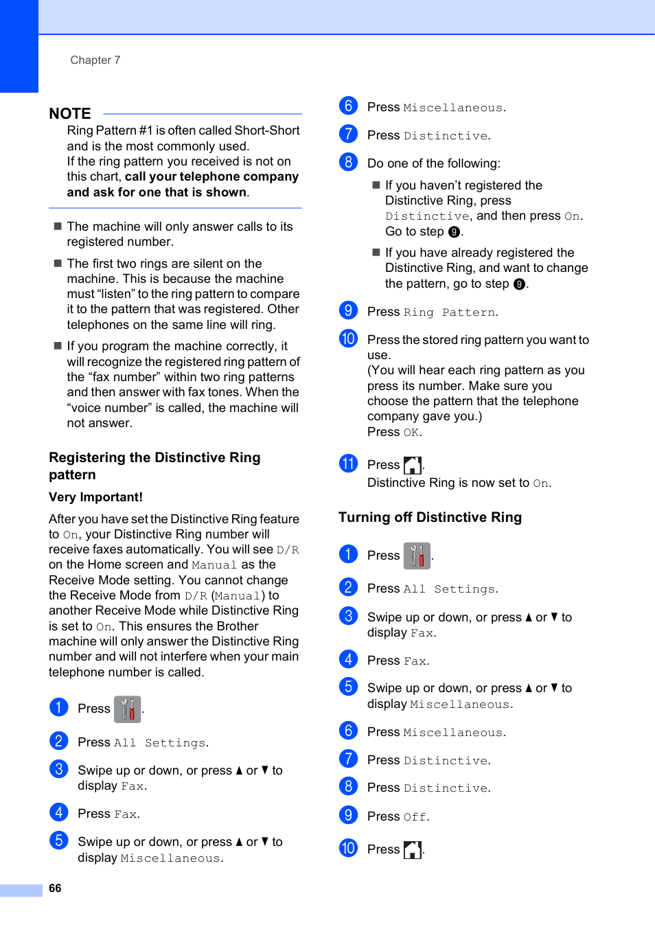 Registering the distinctive ring pattern, Turning off distinctive ring | Brother MFC-J6920DW User Manual | Page 80 / 223