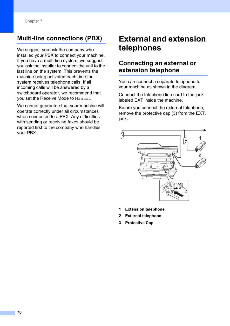 Multi-line connections (pbx), External and extension telephones, Connecting an external or extension telephone | Brother MFC-J6920DW User Manual | Page 84 / 223