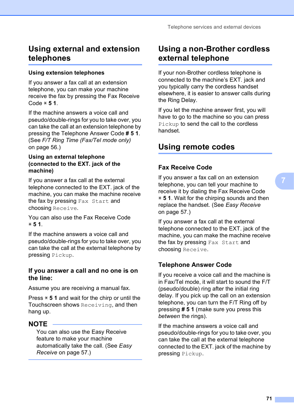 Using external and extension telephones, If you answer a call and no one is on the line, Using a non-brother cordless external telephone | Using remote codes, Fax receive code, Telephone answer code, 7using external and extension telephones | Brother MFC-J6920DW User Manual | Page 85 / 223