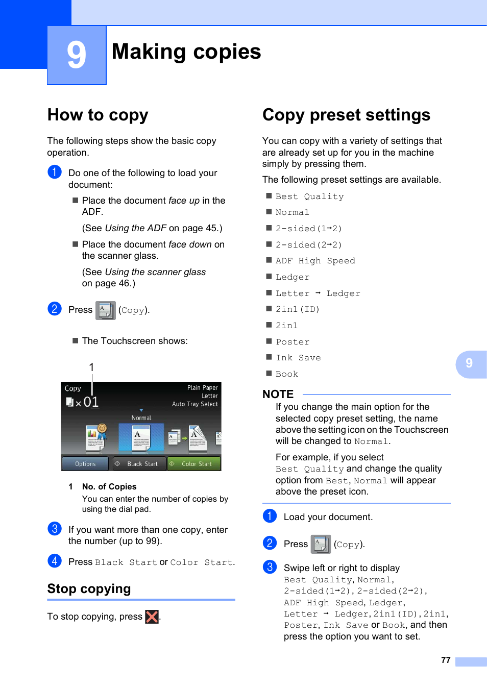 9 making copies, How to copy, Stop copying | Copy preset settings, Making copies | Brother MFC-J6920DW User Manual | Page 91 / 223