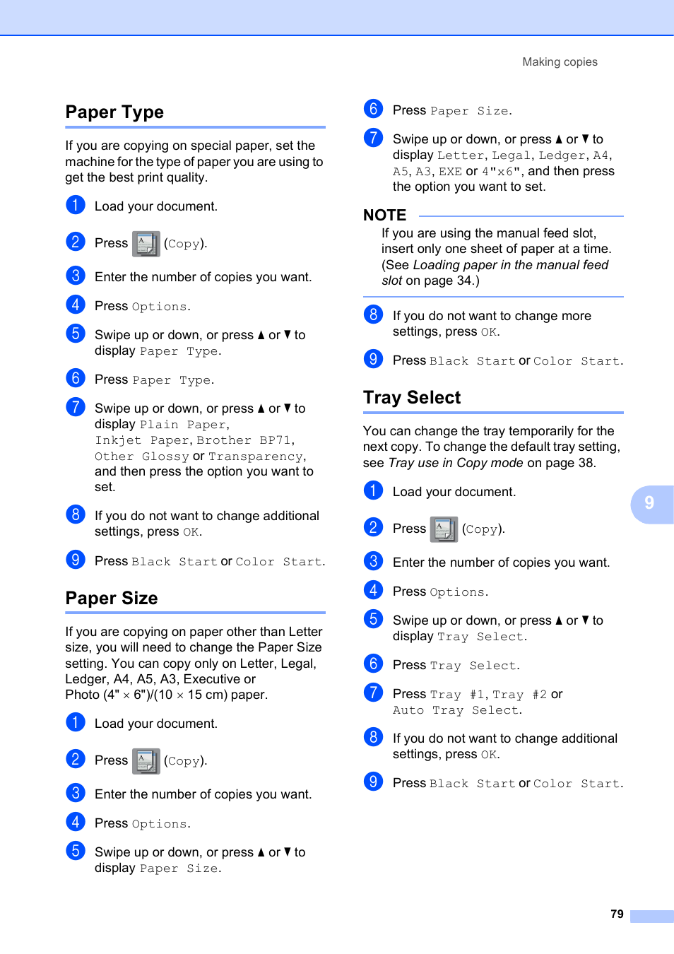 Paper type, Paper size, Tray select | Paper type paper size tray select | Brother MFC-J6920DW User Manual | Page 93 / 223