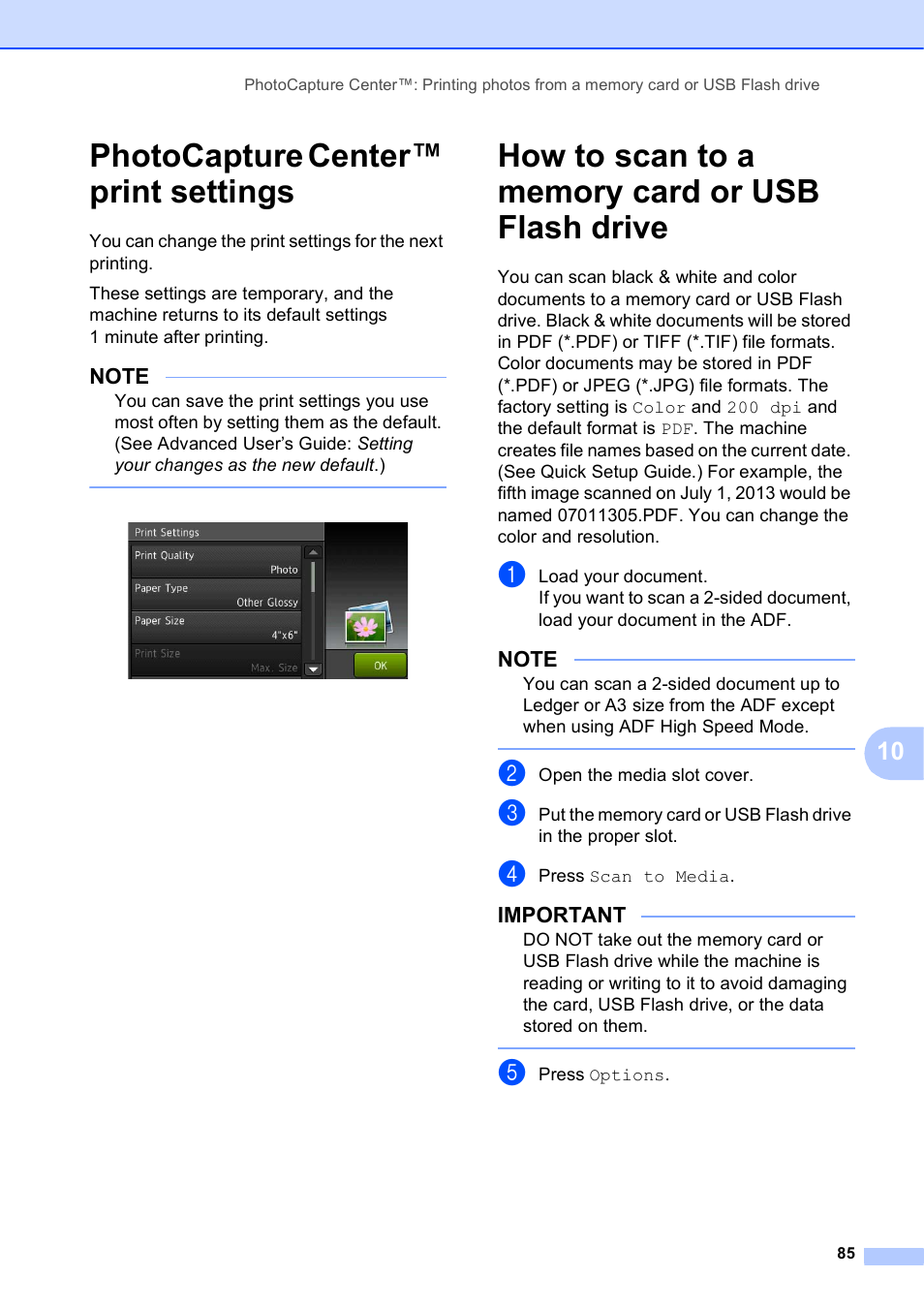 Photocapture center™ print settings, How to scan to a memory card or usb flash drive | Brother MFC-J6920DW User Manual | Page 99 / 223