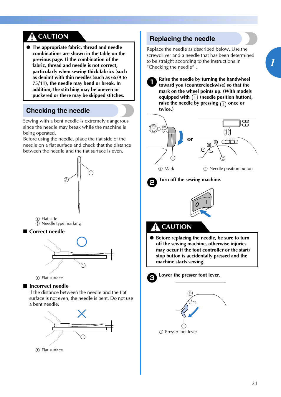 Checking the needle, Replacing the needle, Caution | Or caution | Brother CS-6000i User Manual | Page 23 / 68