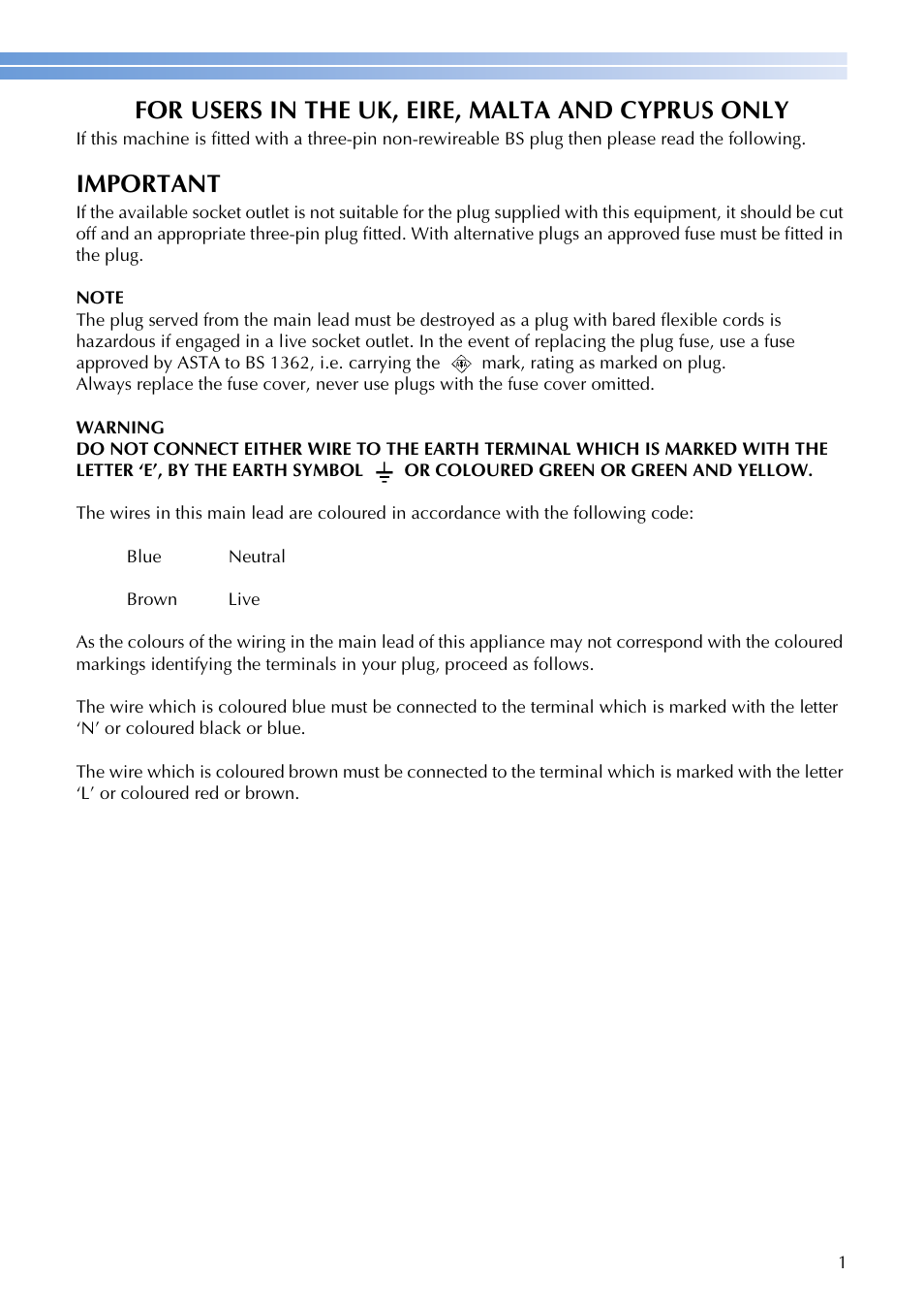 For users in the uk, eire, malta and cyprus only, Important | Brother CS-6000i User Manual | Page 3 / 68