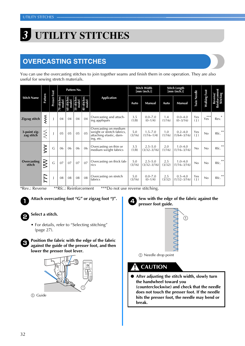 Utility stitches, Overcasting stitches, Caution | Brother CS-6000i User Manual | Page 34 / 68