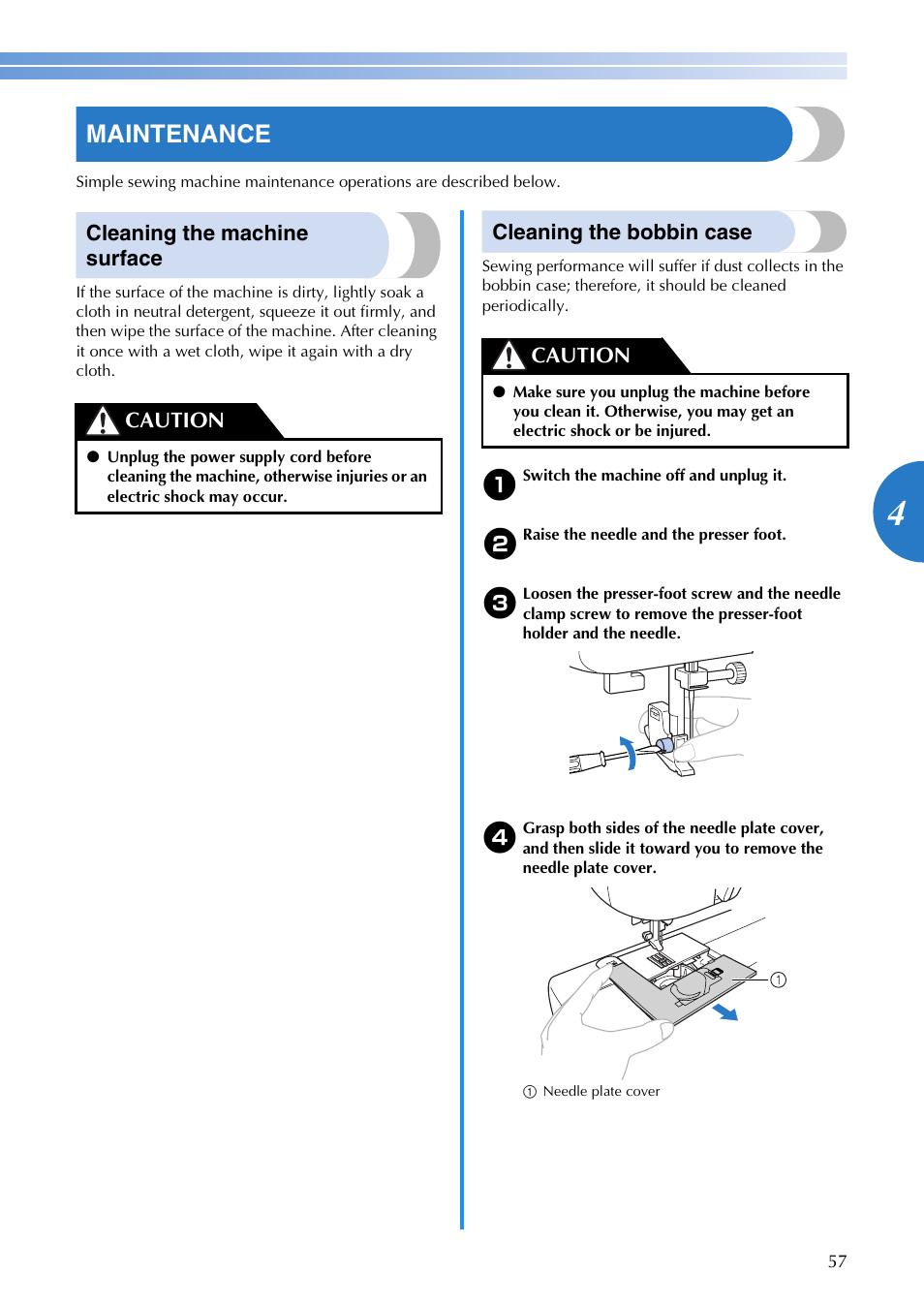 Maintenance, Cleaning the machine surface, Cleaning the bobbin case | Caution | Brother CS-6000i User Manual | Page 59 / 68