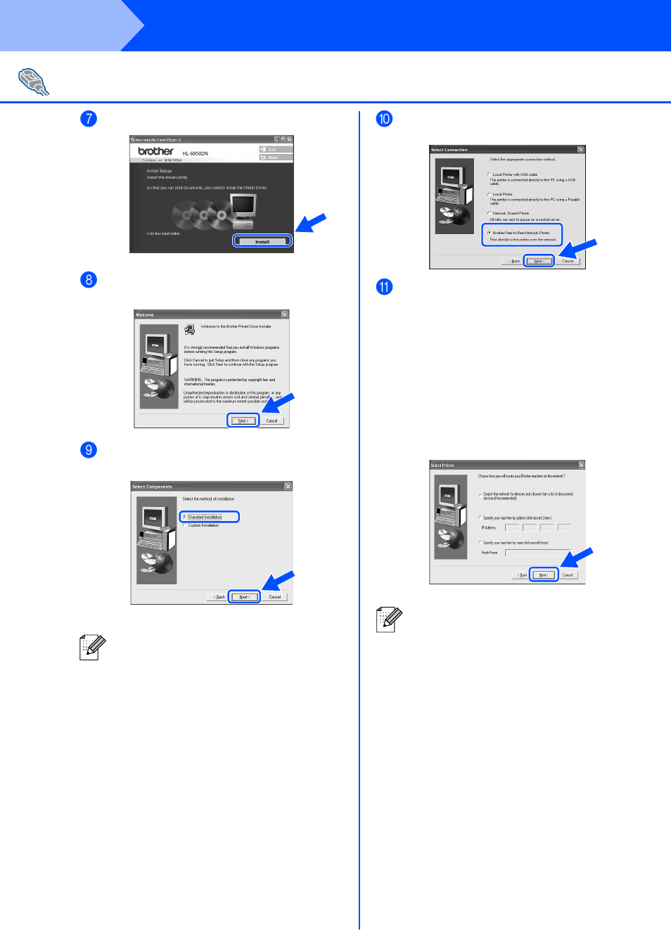 Step 2, Installing the driver, For network interface cable users (for hl-6050dn) | Brother HL-6050DN User Manual | Page 21 / 37