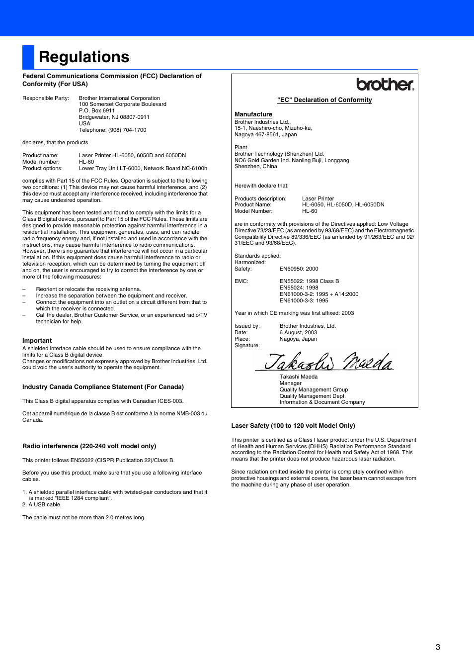 Regulations | Brother HL-6050DN User Manual | Page 4 / 37