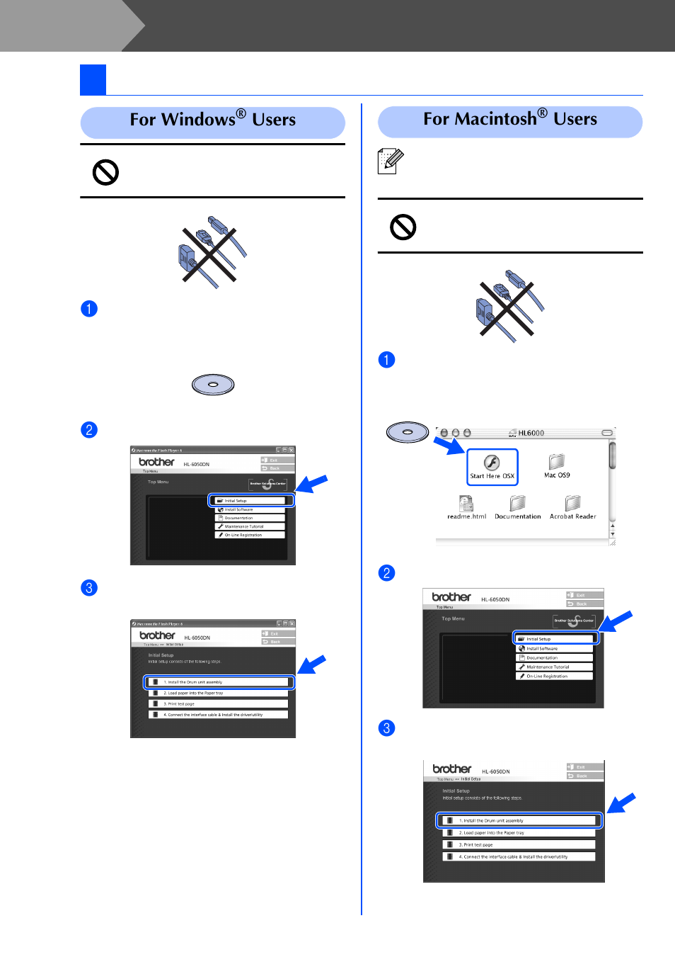 Setting up your printer, Insert the cd-rom into the cd-rom drive, Step 1 | 1insert the cd-rom into the cd-rom drive, For windows, Users, For macintosh | Brother HL-6050DN User Manual | Page 9 / 37
