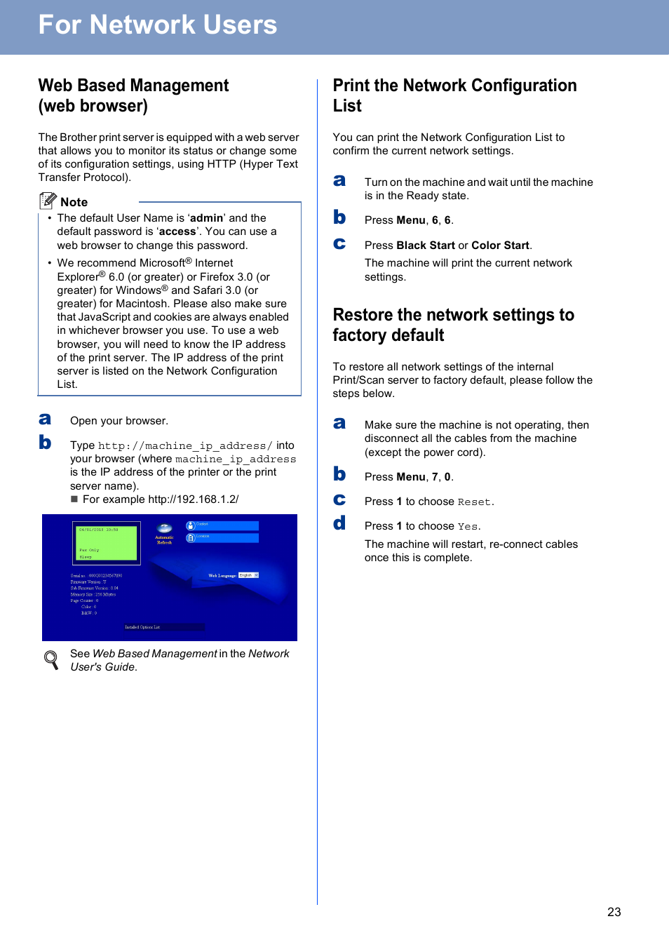 For network users, Web based management (web browser), Print the network configuration list | Restore the network settings to factory default | Brother MFC-9460CDN User Manual | Page 23 / 26