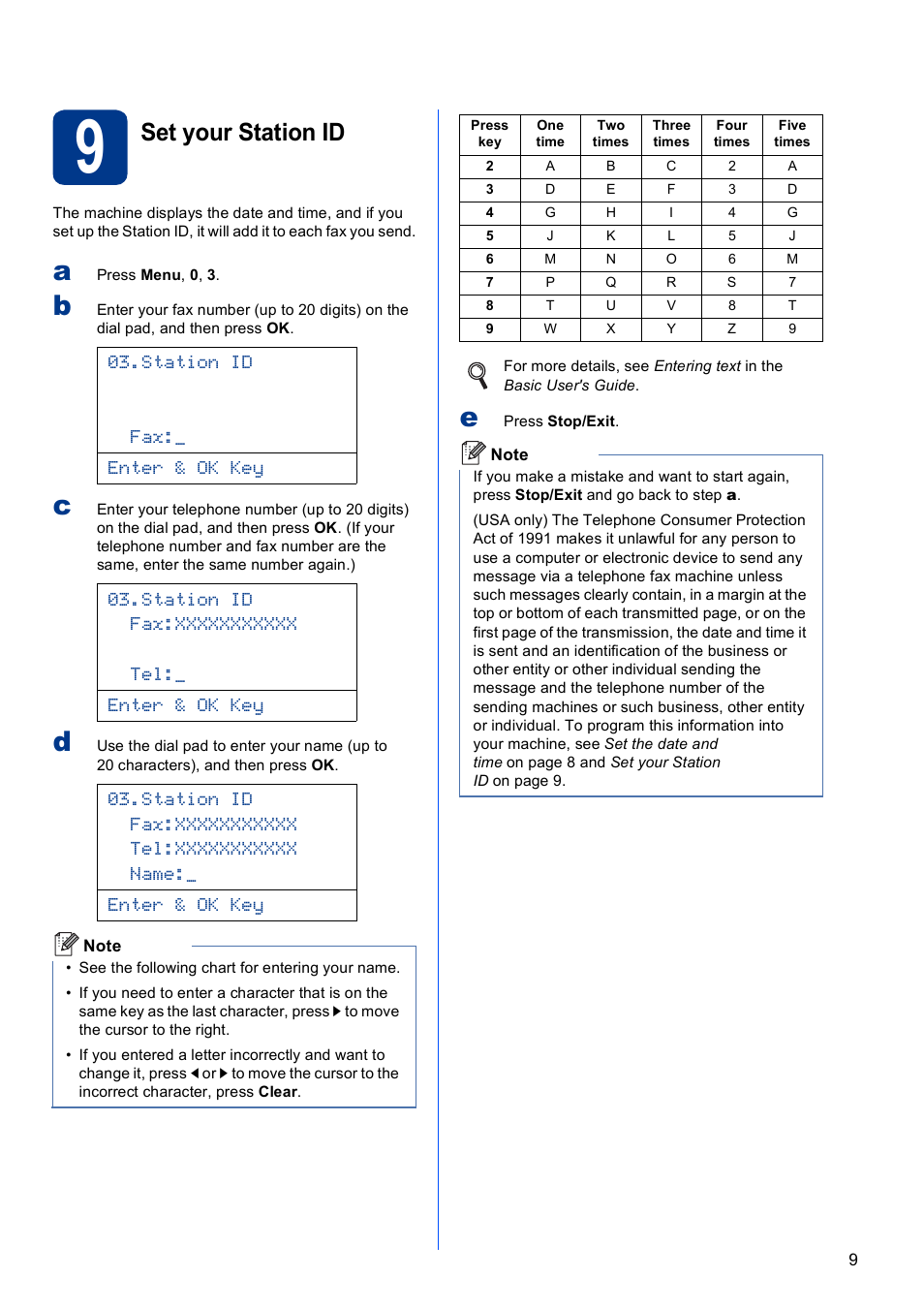 9 set your station id, Set your station id, Station id fax:_ enter & ok key | Brother MFC-9460CDN User Manual | Page 9 / 26