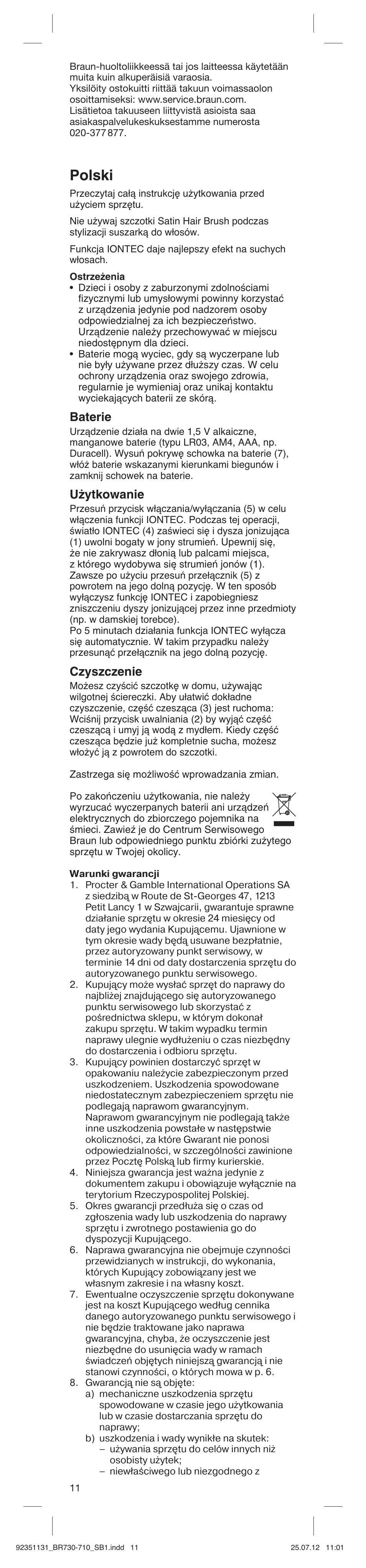 Polski, Baterie, Użytkowanie | Czyszczenie | Braun SB1 Satin Hair 7 User Manual | Page 11 / 22